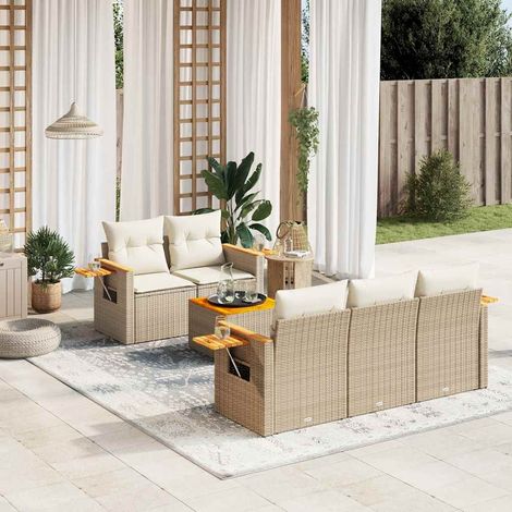 vidaXL 6-tlg. Garten-Sofagarnitur mit Kissen Beige Poly Rattan (1/5)