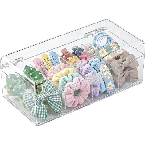 Boîte de Rangement Transparente, Organisateur Tiroir Salle de Bain 4 Compartiments, Porte Coiffeuse pour Bijoux Cheveux, Boite Tiroir Plastique Maquillage, 19.5×9×7.5cm (1/5)