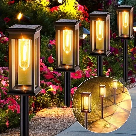 Paquete de 4 luces solares para caminos, luces solares impermeables para exteriores con bombillas LED de tungsteno, adecuadas para caminos de césped y patio al aire libre (1/5)