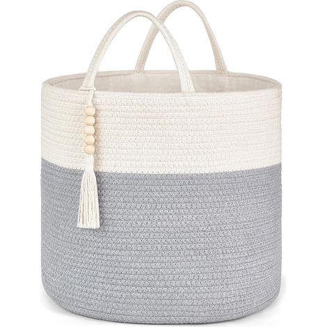 Gewebter Aufbewahrungskorb, grau und weiß, 1 Stück, 38 x 38 x 45 cm, verziert mit Naturseil, für Wohnzimmer und Inneneinrichtung. (1/5)