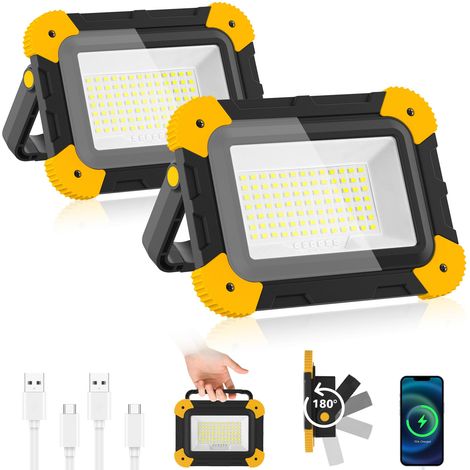 Projecteur Led Rechargeable, 5 Modes Lampe de Chantier Batterie avec Câble USB, 3000mAh Eclairage Chantier Portable, IP65 Étanche Lumiere Chantier pour Garage, Camping, Pêche, 2 Pièces (1/5)
