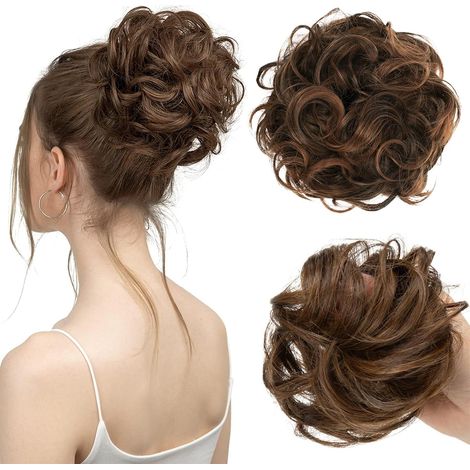 Curly Hairpieces, Synthetic Fiber Hairpieces, Wavy Elastic Scrunchie, Hair Bun Wig, Naturally Soft Scrunchie, for Women and Girls (Light Brown) (1/5)