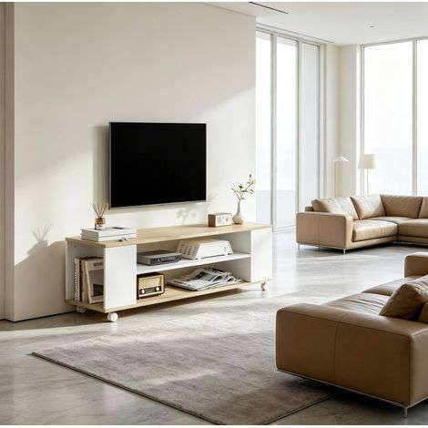 Meuble TV 120x40x38,5 cm, panneaux de particules blanc et naturel, roulettes, pour salon – MEUBLIV (1/5)