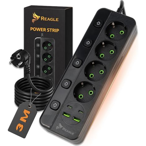 Rallonge multiple 4 prises (2 USB-A, 2 USB-C) – Câble de 3 m – Mise à la terre – Interrupteurs individuels – Protection contre les surtensions – Rallonge avec prise USB-C – Puissante et fiable – Marqu (1/5)