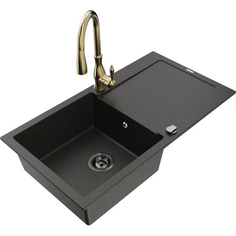 Mexen Leo 1 Becken-Granitspüle mit Abtropffläche und Mischbatterie Savita, Schwarz/Gold metallisch - 6501-75-672601-50-B