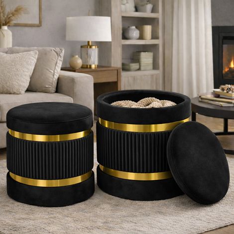 Set 2 Pouf Contenitore Nero con Rivestimento Velluto Morbido Sgabelli Moderni (1/5)