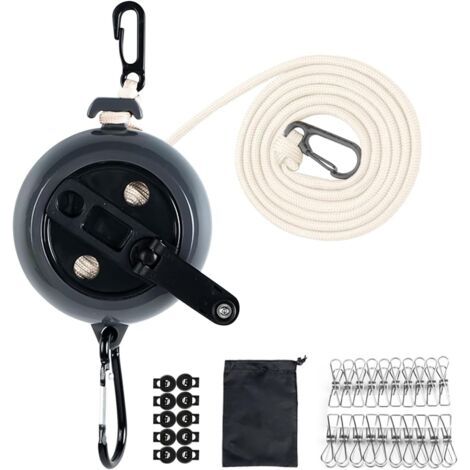 4 M de Plein Air Corde à Linge Rétractable, Portable Corde a Linge, avec 10 Boucles de Fixation, 20 Clips et Sac de Rangement, Idéal pour l'extérieur, Le Déplacements en Camping-Car (Noir) (1/5)