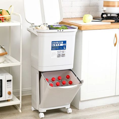 White Double-Layer Three-Compartment Trash Can with Wheels (1/5)