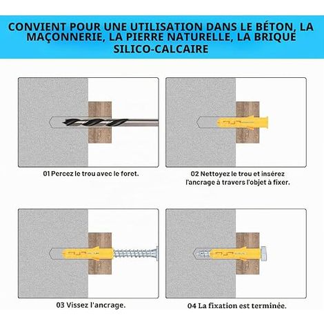 vis d'ancrage pour béton : chevilles M10 x 50 mm et vis à béton M8 x 60 mm et rondelles M8, vis hexagonales et chevilles, jeu de chevilles à axe long (1/4)