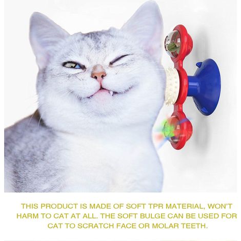 Jouet interactif pour chat en forme de moulin à vent, avec balle lumineuse LED, herbe à chat, ventouse et jouet d'exercice, rouge et bleu (1/5)