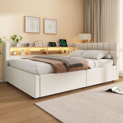 Lit banquette coffre 140x200 cm - Lit double avec de rangement hydraulique, éclairage LED dimmable, tête de lit étagère et prises USB, beige (1/5)