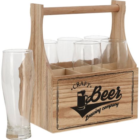 Cestello in legno, set cestello + 6 bicchieri di birra in vetro