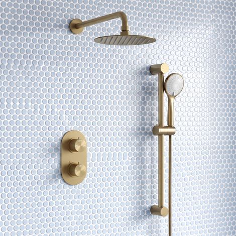 Signature Impact Thermostatic Dual Concealed Mixer Shower with Shower Kit + Fixed Shower Head - Brushed Brass