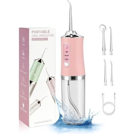 SABIR-Hydropulseur et bain de bouche portable (rose), 230 ml, rechargeable par USB, 3 modes et 4 embouts, étanche IPX7, idéal pour les voyages et la maison. (1/4)