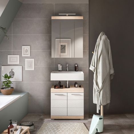 Ensemble 2 meubles de salle de bain + lampe chêne et blanc - LAMBY