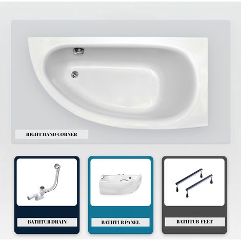 Asymmetrische Badewanne - 150 x 70 cm - Rechts - mit Verkleidung - mit Füßen - Ablaufgarnitur Chrom - MILENA