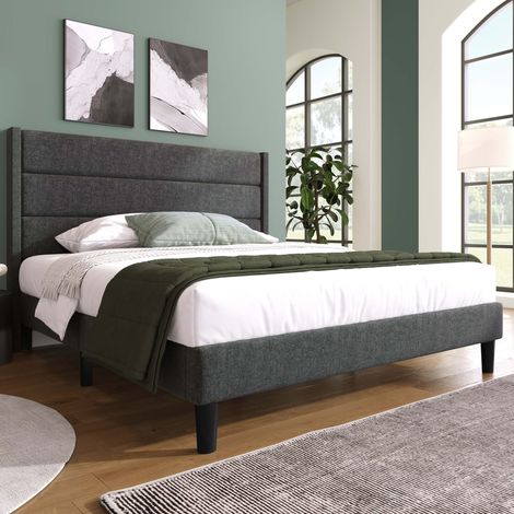 Lit double rembourré 140x200 cm tissu lin gris foncé, sommier lattes + tête de lit design coussinée, style moderne minimaliste (1/5)