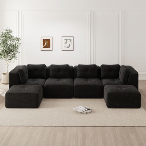 Divano angolare modulare in velluto a coste nero, componibile, seduta profonda 74 cm, senza montaggio (1/5)