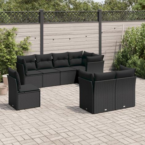 Ensemble de canapé de jardin 8 pièces avec coussins, en polyrotin noir (1/3)