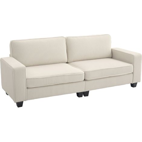 Sofá de 3 plazas con muelles, funda de pana y reposabrazos, blanco crema 227 x 84 x 87 cm (1/5)