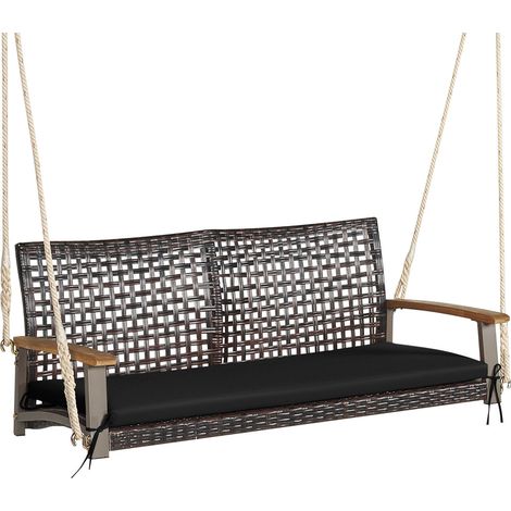 Balancelle suspendue 2 places noire en rotin PE avec cadre en acier, coussin zippé et cordes, pour terrasse, jardin et porche (1/5)