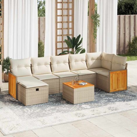 Ensemble Salon Jardin 8 Places Résine Tressée Beige avec Coussins, Table Acacia et Rangement Intégré (1/5)