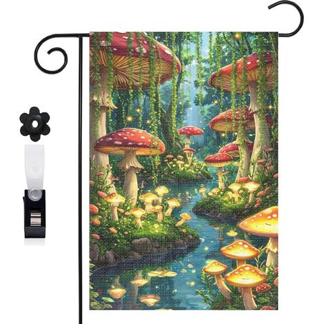 Drapeau de jardin décoratif 30 x 45 cm motif forêt et champignons colorés toile double face extérieure (1/5)