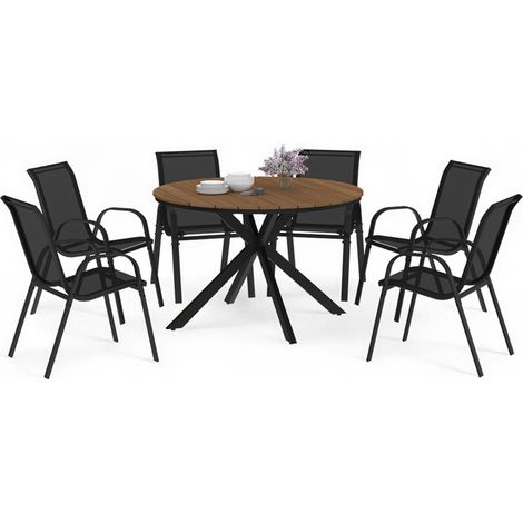 Gartenmöbel MESSINA runder Tisch 120 cm Spinnenfuß Tischplatte in Holzoptik und 6 stapelbare Stühle schwarz (1/5)