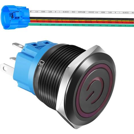 Interrupteur à Bouton-Poussoir à Verrouillage en Acier Inoxydable 22mm 110V-220V/5A Symbole D'alimentation 1NO1NC SPDT Interrupteur Bascule Etanche avec Prise de Fil (LED rouge/Coque Noire) (1/5)