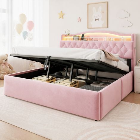 Letto matrimoniale imbottito 180x200 cm, con vano contenitore idraulico, testiera con porte USB e USB C, tessuto e metallo rosa (1/5)