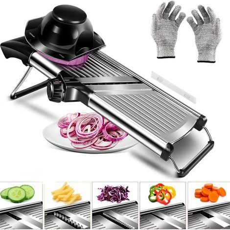 Mandoline Cuisine, Coupe Legumes Inox Professionnelle, Coupe Frites Manuel avec Protège Main et Gants de Sécurité, Mandoline Multifonctions avec Lames Réglable (Argent) (1/4)