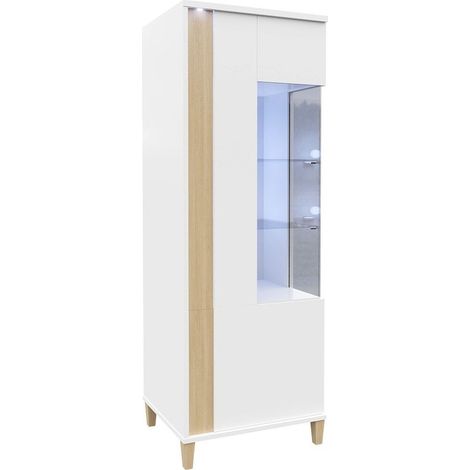 Estantería Florem II, Blanco + Blanco brillante + Luminoso madera, Cerrable, Con puertas, Aglomerado laminado, Vidrio, Número de puertas: 2, Número de cajones: 0, 160x52x40cm, LED (1/3)