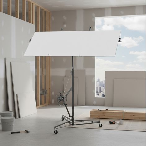 Plataforma elevadora de placas de yeso (125x137x180 cm), altura ajustable, 3 ruedas con freno, metal gris (1/5)