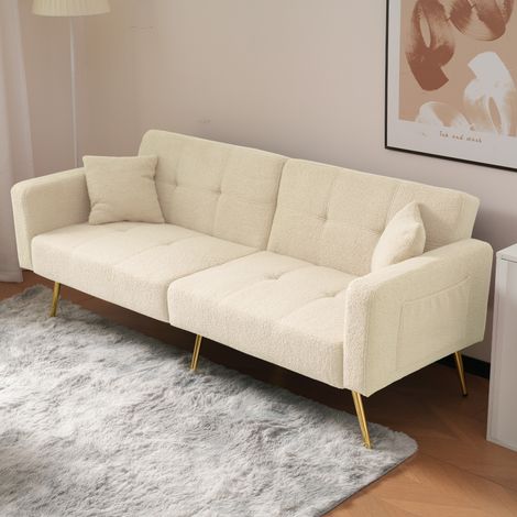 Yoleo – Canapé-lit convertible 2 places en peluche d'agneau – Poches de rangement – Pieds en métal – Dimensions 175x64x72cm – Beige