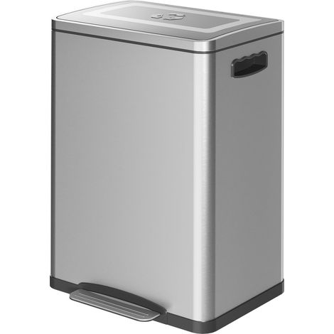 Mülleimer 40L Treteimer Abfalleimer mit Deckel und Fußpedal, Müllbehälter mit 2 Inneneimern, Soft-Close-Funktion für Wohnzimmer, Büro, Edelstahl, Silber, 40 x 34,8 x 59 cm 