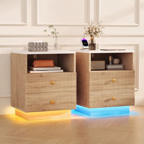 Lot de 2 Tables de Chevet LED Bois Naturel et Blanc, Table de Nuit avec Station de Charge USB et USB-C, Bout de Canapé 2 Tiroirs et 1 Compartiment (1/5)