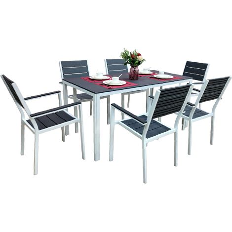 Set Tavolo da Giardino con 6 Sedie in Acciaio e Piano HDPE Effetto Teak, Tavolo Esterno Rettangolare Moderno Resistente alle Intemperie, Arredo Outdoor Terrazzo Balcone Grigioscuro