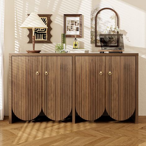 Tanant – Buffet MDF finition noyer 140 x 40 x 80 cm – 4 portes avec étagères réglables – Poignées en aluminium – Design moderne élégant
