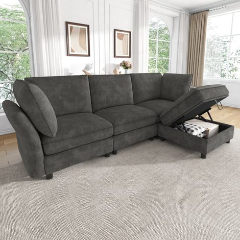 Modulares L-Ecksofa, 4-Sitzer, mit Aufbewahrungshocker, Chenille-Stoff, Grau HAVRYA (1/5)