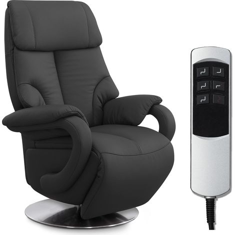 Fauteuil en Cuir avec Fonction Relaxation réglable électriquement - 2 Moteurs électriques - 80 x 115 x 79 cm - Cuir véritable - Noir (1/5)