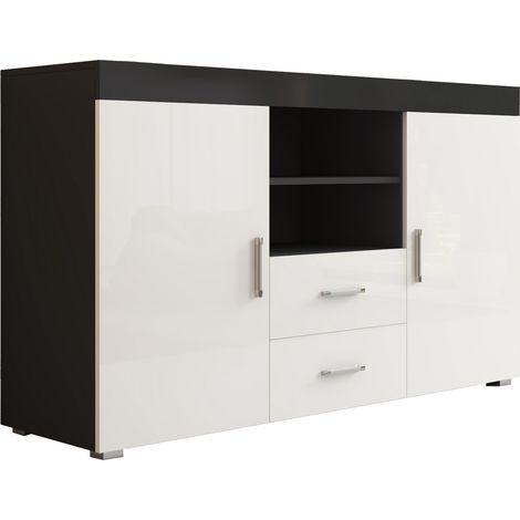 Muebles Bonitos – Buffet bas 2 portes 2 tiroirs 140x82x40cm – Finition mélamine brillante – Poignées en aluminium – Meuble de rangement moderne (1/5)