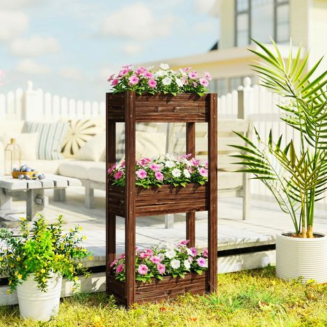 Bac à Plantes Surélevé Jardinière sur Pieds 3 Niveaux Trous de Drainage et Doublure 60 x 25 x 120 cm. Marron