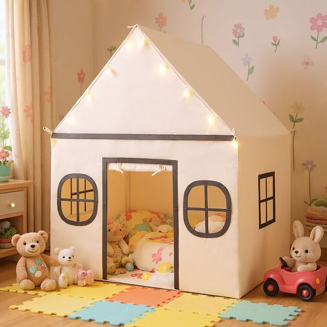 Tente de Jeu pour Enfants Grande Maisonnette avec Rideau de Porte et Fenêtres Étoiles Lumineuses Tapis Rembourré Antidérapant Poche Beige (1/2)
