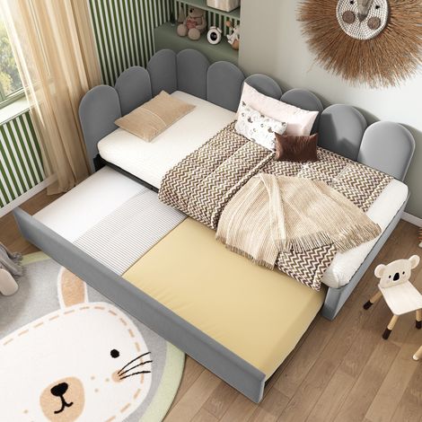 Letto Singolo 90x200 cm con Letto Estraibile in Velluto Grigio (1/5)