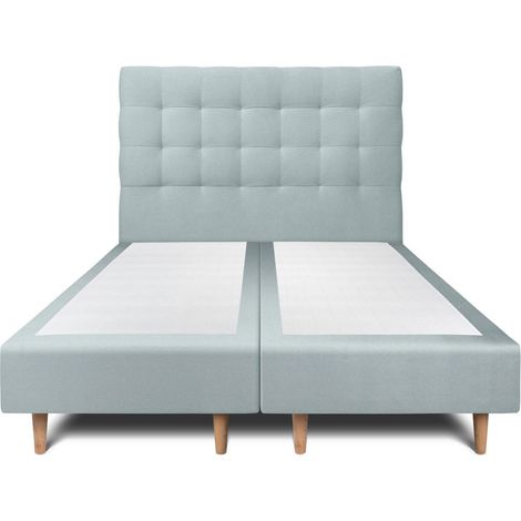 Lit 180x200cm avec tête de lit capitonnée velours et double sommier tapissier gris bleuté - Hauteur totale : 35cm (1/5)