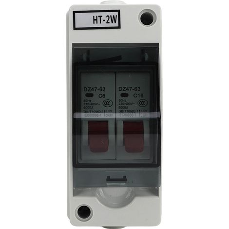 Boîtier de distribution extérieur étanche DZ47-63 à 2 voies avec disjoncteur de type C et poignée rouge, 230/400 V, modèle C : C6+C16 (1/5)