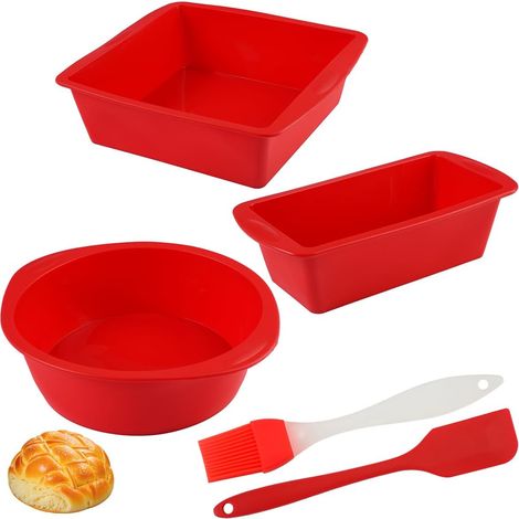 Juego de 3 moldes de silicona para pasteles, moldes de silicona antiadherentes con 1 brocha + 1 espátula, moldes de silicona reutilizables de fácil desmolde para panes y brownies (redondos, rectangula (1/5)