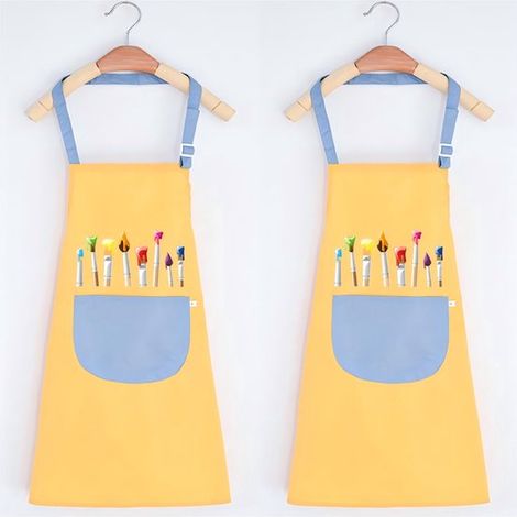 Delantal infantil de dibujo de 2 piezas,Conjunto de delantal,Delantal de cocina ajustable,Delantal impermeable,60 x 45 cm,Amarillo (1/5)