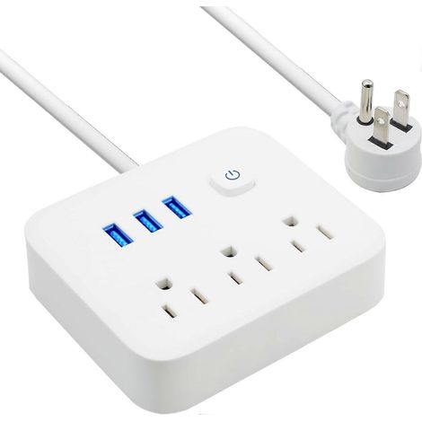 Multiprise avec interface USB, 3 prises, 3 ports USB, protection contre les surtensions, fiche plate, type bureau. (1/4)