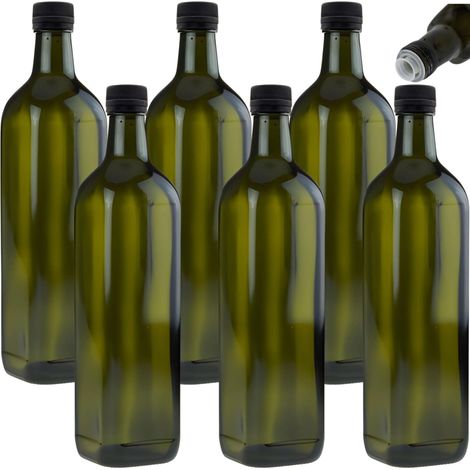 Lot de 6 bouteilles d'huile de 750 ml avec bec verseur, vert/marron, bouteille en verre avec doseur et étiquettes (1/4)